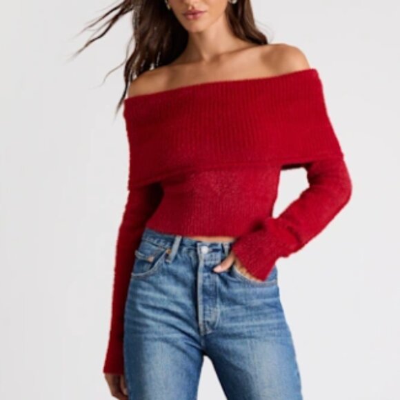 Ravenna Red Eyelash Knit Off-the-Shoulder Sweater Top Lulus SMALL - Picture 4 of 4